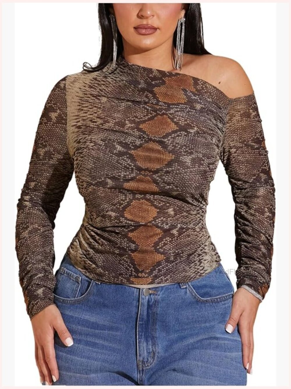 Plus Size Off Shoulder Snakeskin Long Sleeve Going Out Top